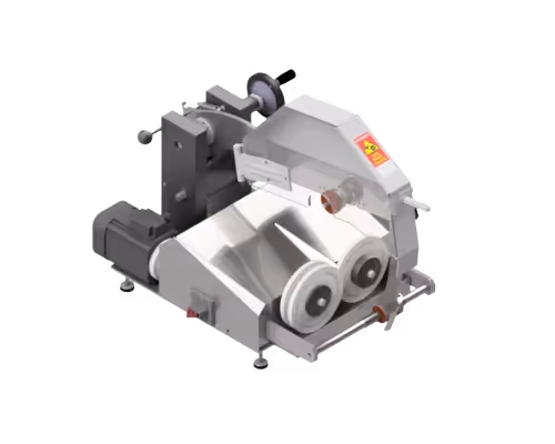 KAPP ST-123 Knife Sharpening Machine made of stainless steel with dual sharpening wheels and a protective housing. Designed for sharpening circular knives from 200 mm to 400 mm in diameter, with high precision and efficiency for razor-sharp results.