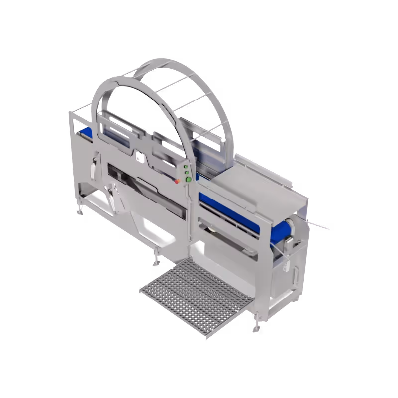 Stainless steel Tray Flipper with conveyor system for flipping frozen product trays into cartons.