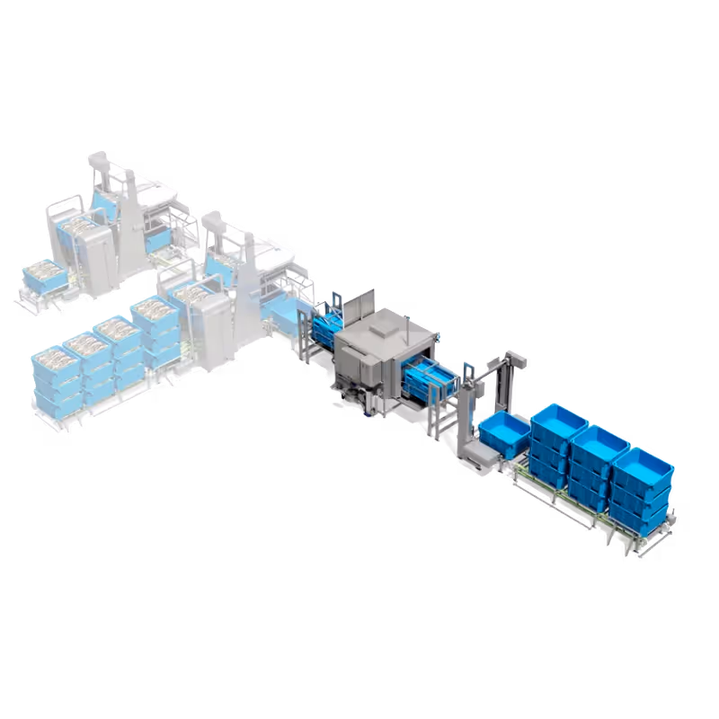 Automated tub handling system with conveyors and blue tubs for seafood processing.