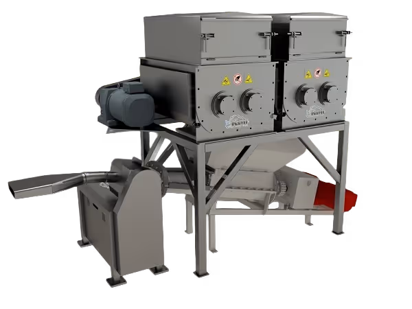 Industrial twin horizontal mixers with feed hopper for surimi and seafood products.