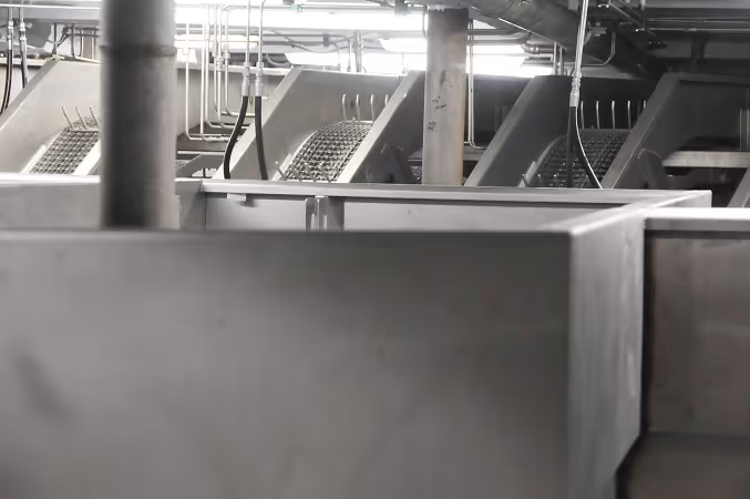 Top view of fish sorting machine chutes in stainless steel.