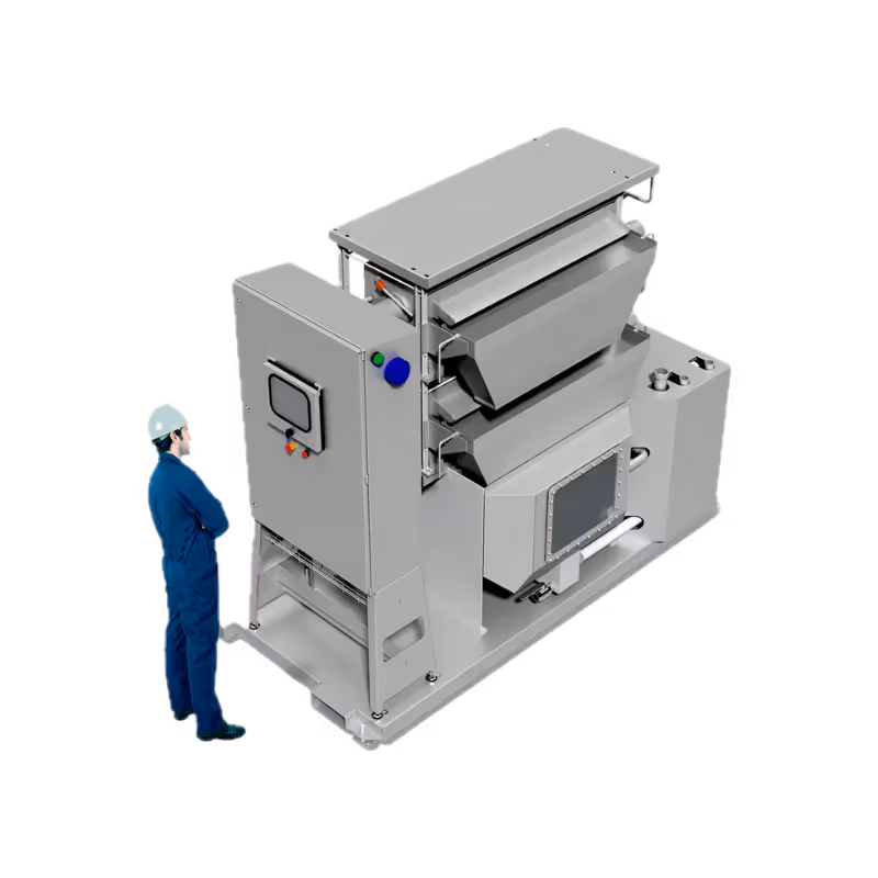Large stainless steel Fluid Ice System for producing fluid and flake ice with adjustable density and temperature.