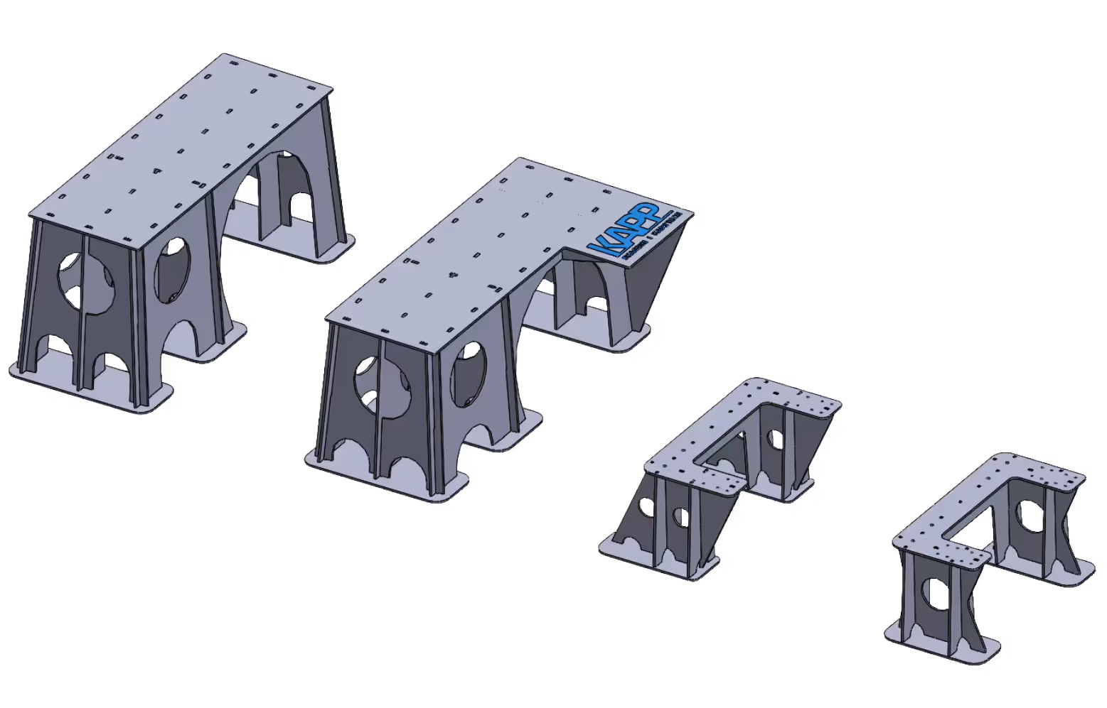 Four metal foundation frames of varying sizes and configurations, used for structural support, arranged in a staggered layout.
