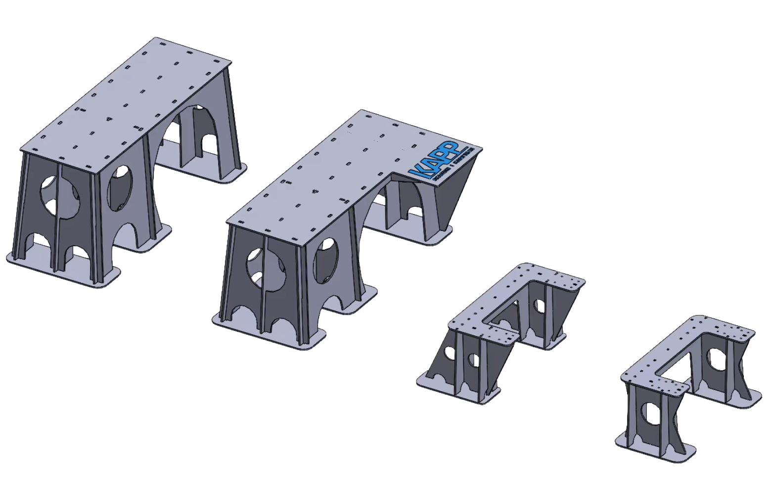 Four metal foundation frames of varying sizes and configurations, used for structural support, arranged in a staggered layout.