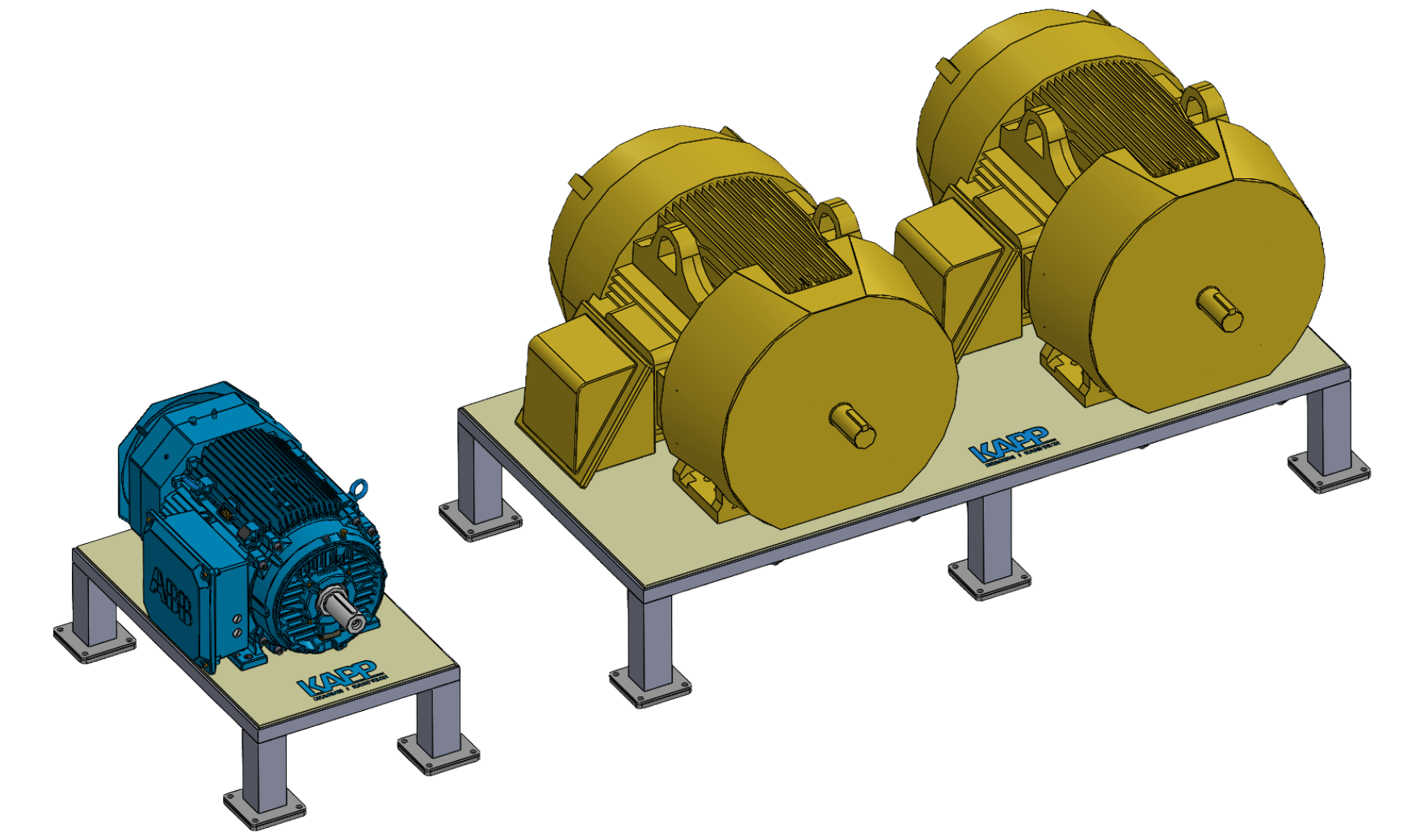 Three industrial foundation frames mounted with spare motors: one smaller blue motor on the left frame and two larger yellow motors on a shared foundation on the right. All units are fixed on elevated support legs