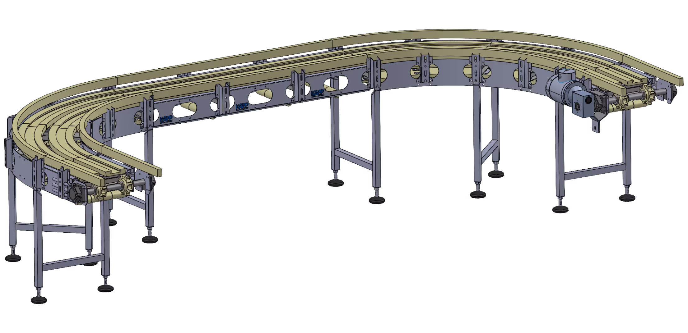 Curved modular conveyor system with a light-colored belt and metal frame, supported by multiple adjustable legs. Designed for flexible routing of materials in industrial environments.