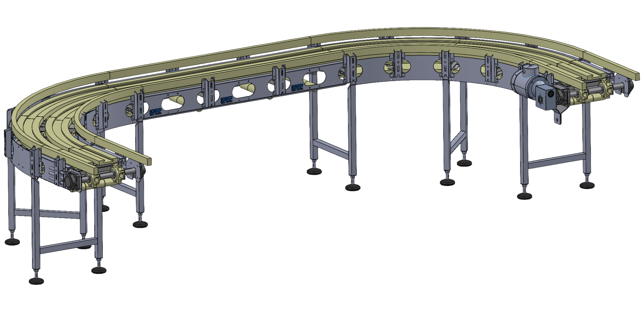 Curved modular conveyor system with a light-colored belt and metal frame, supported by multiple adjustable legs. Designed for flexible routing of materials in industrial environments.