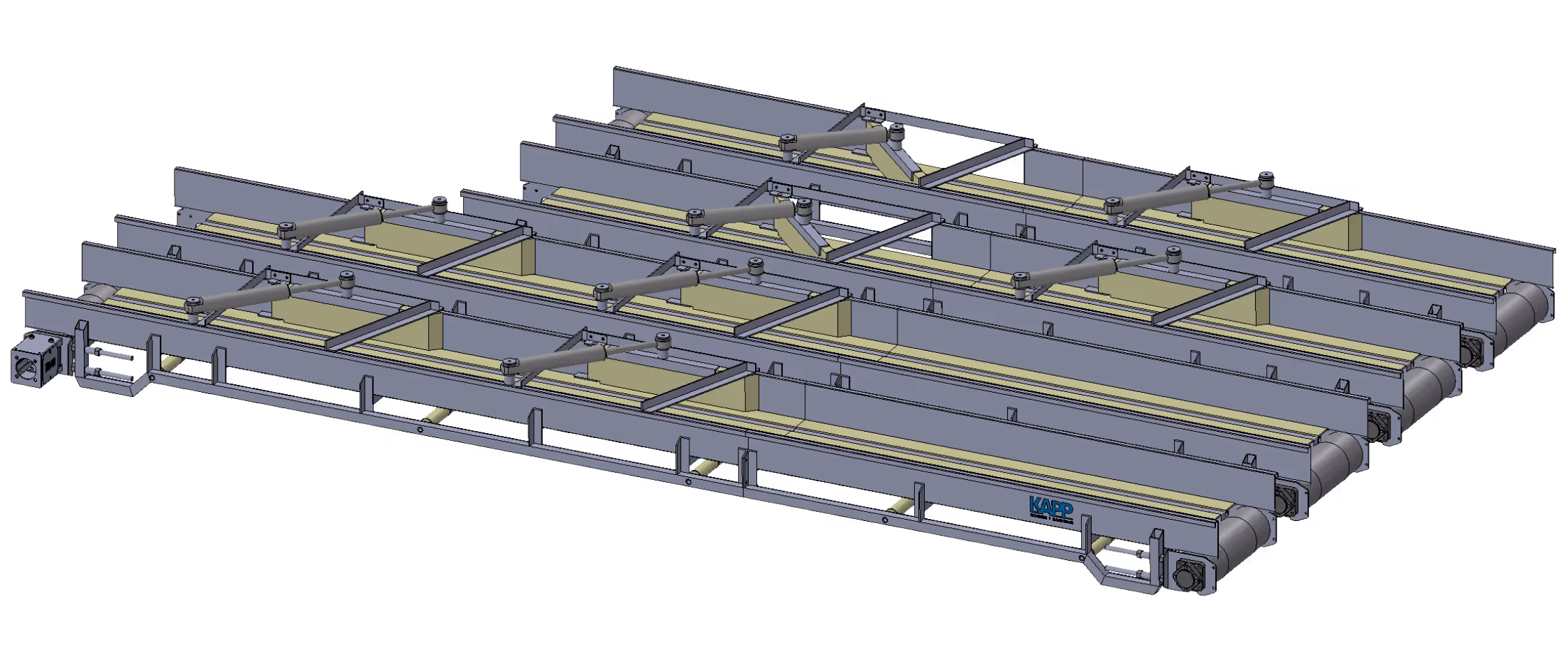 Modular assembly of multiple PVC conveyors arranged in parallel rows, featuring metal frames and yellow conveyor belts. The system is designed for material handling and transport in industrial settings.
