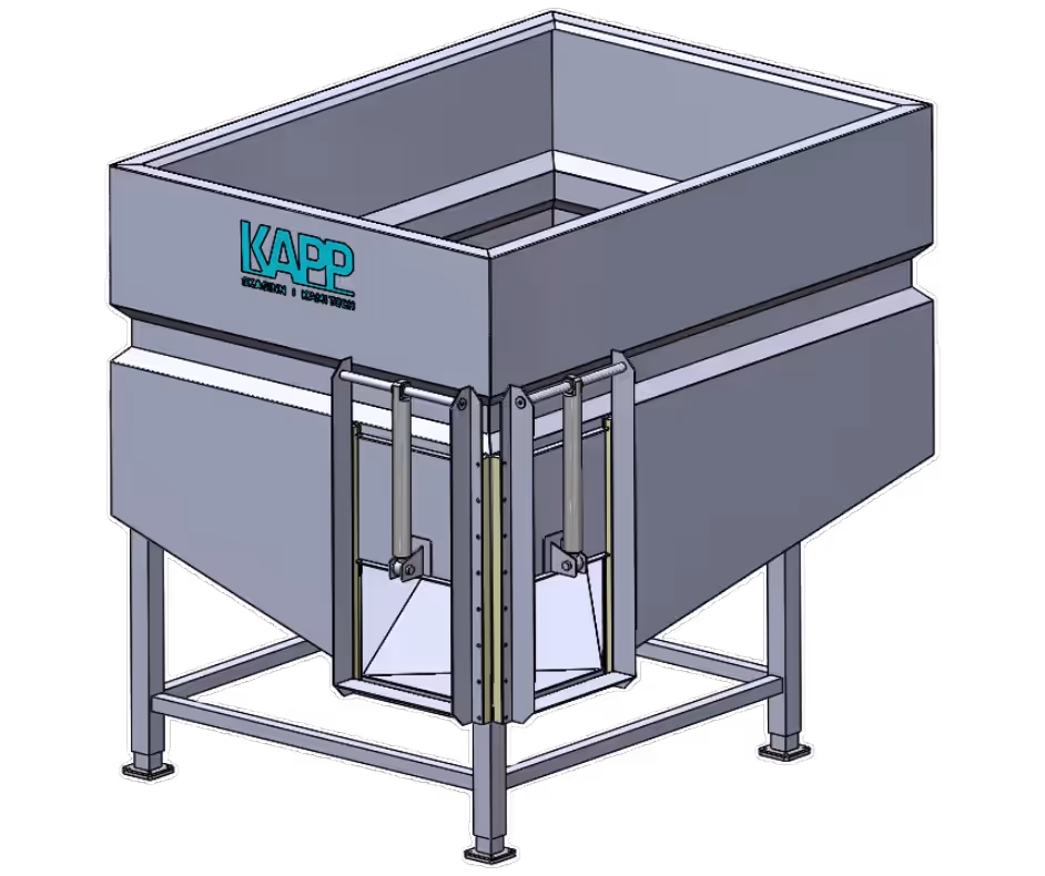 Kami Tech stainless steel holding tank for hygienic storage of slurry, fillets, or whole products, with customizable capacity and outlet valve.
