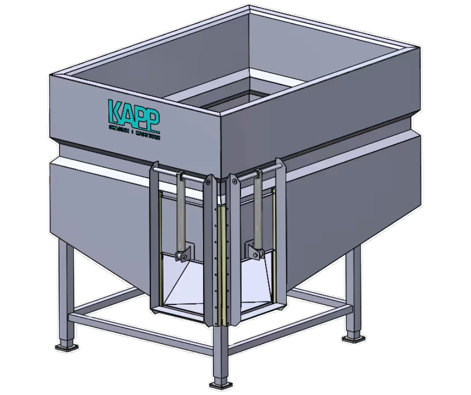 Kami Tech stainless steel holding tank for hygienic storage of slurry, fillets, or whole products, with customizable capacity and outlet valve.