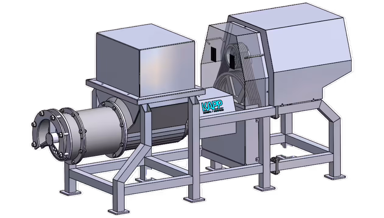 Kami Tech Waste Grinder in stainless steel, processes food waste and soft bones into uniform particles for fishmeal or disposal, with up to 5000 kg/hr capacity.