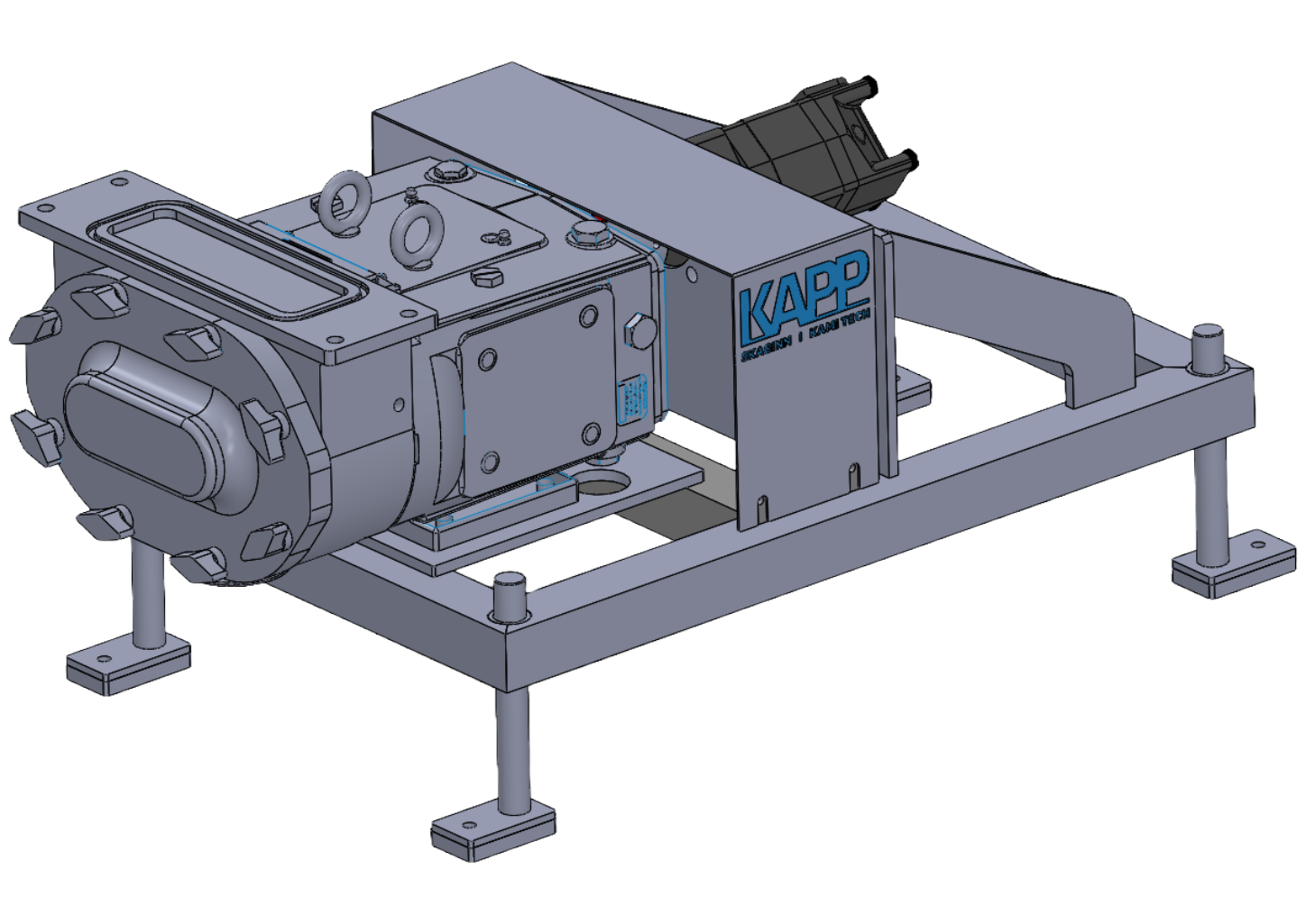 Kami Tech Ampco pump stand with mounted hydraulic motor and stainless steel frame for industrial fluid transfer applications.