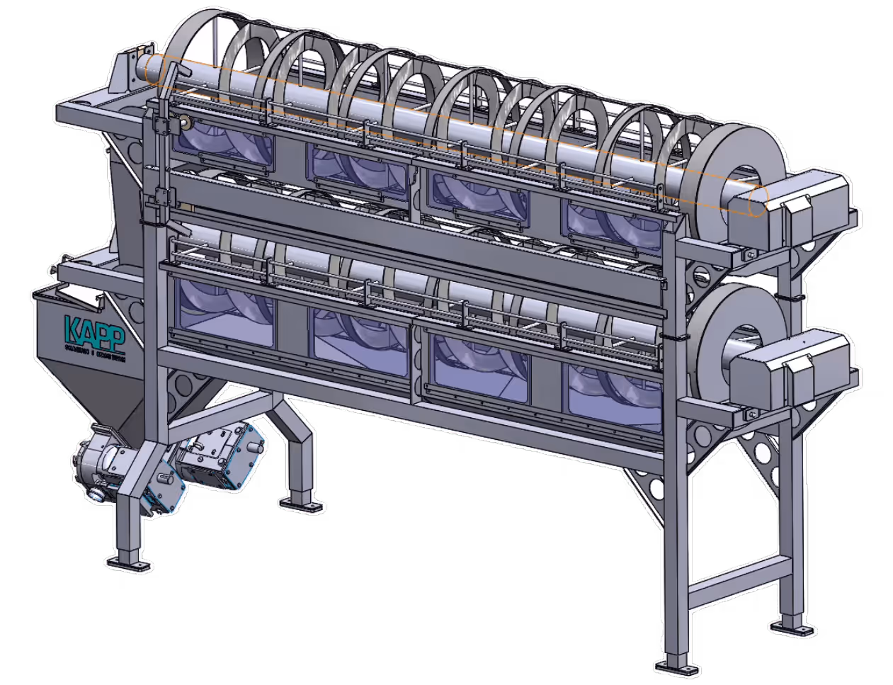 Kami Tech Rotary Drum Screen for continuous removal of large particles from process water, featuring high-capacity, CIP-ready design with up to 20 m³/hr throughput.