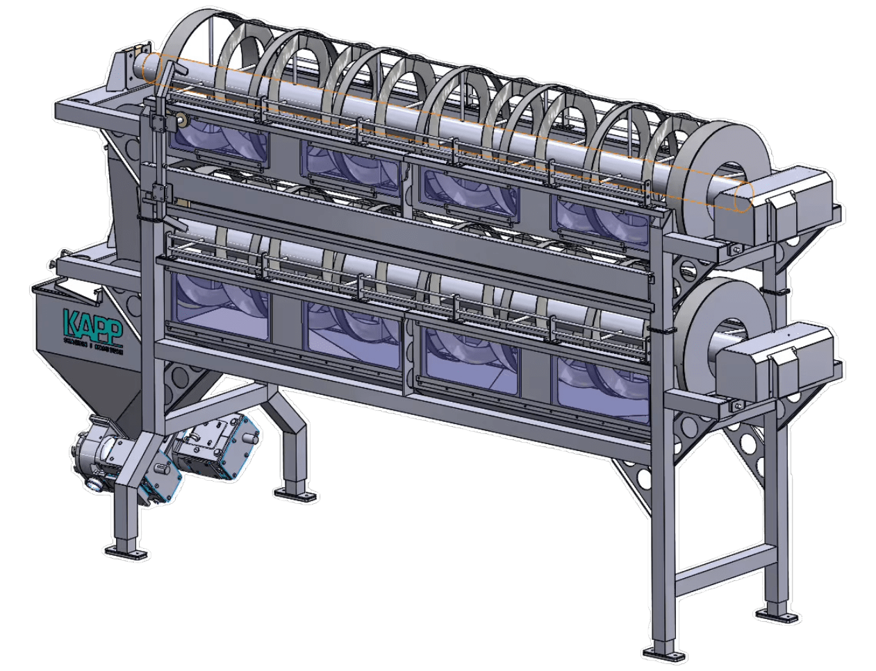 Kami Tech Rotary Drum Screen for continuous removal of large particles from process water, featuring high-capacity, CIP-ready design with up to 20 m³/hr throughput.