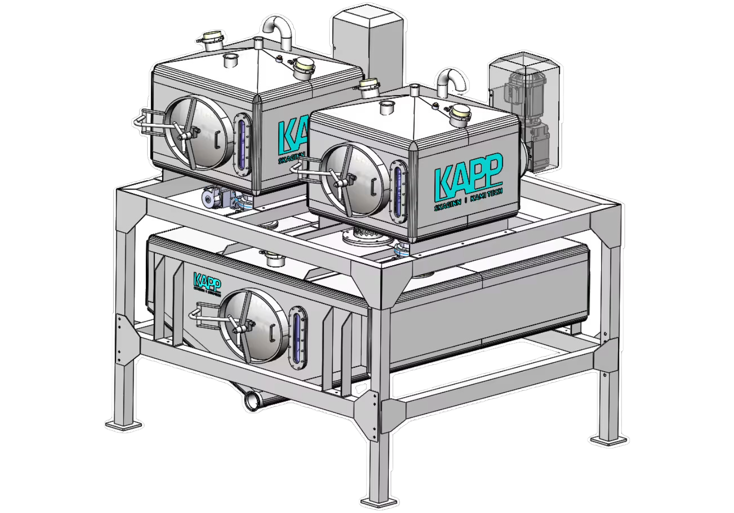 Kami Tech seafood wash tank with dual agitators and quick-drain system for hygienic rinsing, chilling, or storage of shrimp, fillets, or heads.