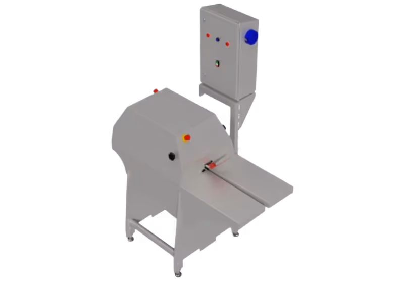Frame cutting machine designed to precisely section fish frames for optimal mince recovery, featuring a stainless steel build and automated control panel.
