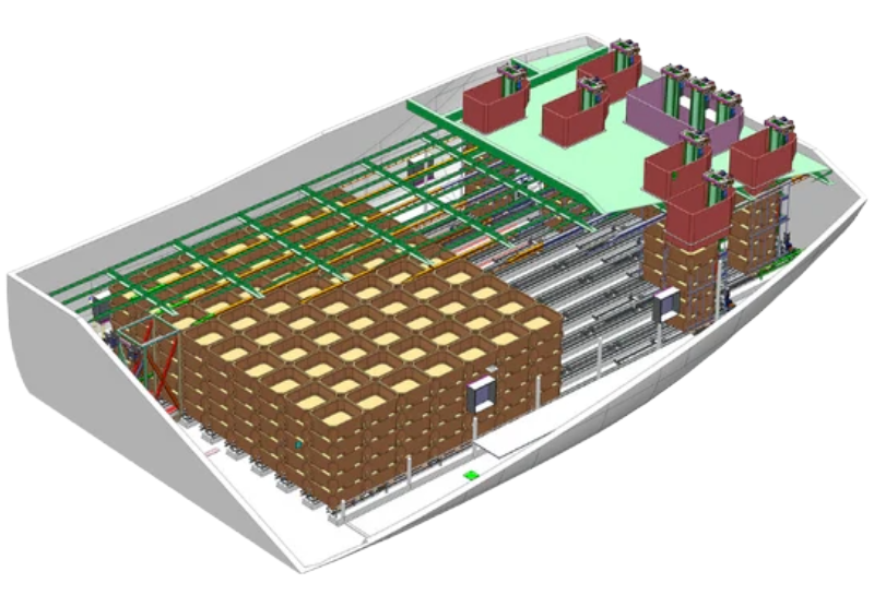 Ship-integrated tub handling system featuring automated stacking, storage, and robotic overhead handling for efficient onboard fish-hold management and optimized material flow during marine operations.