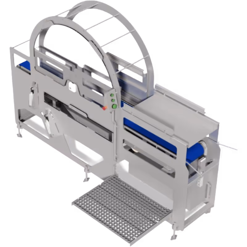 Compact Tray Flipper system designed to automate the transfer of frozen products from trays to cartons, with a capacity of up to 8 boxes per minute for efficient packaging.