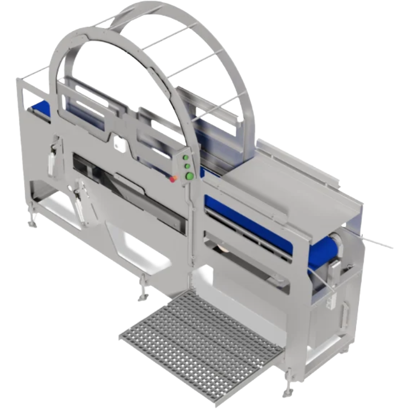 Compact Tray Flipper system designed to automate the transfer of frozen products from trays to cartons, with a capacity of up to 8 boxes per minute for efficient packaging.