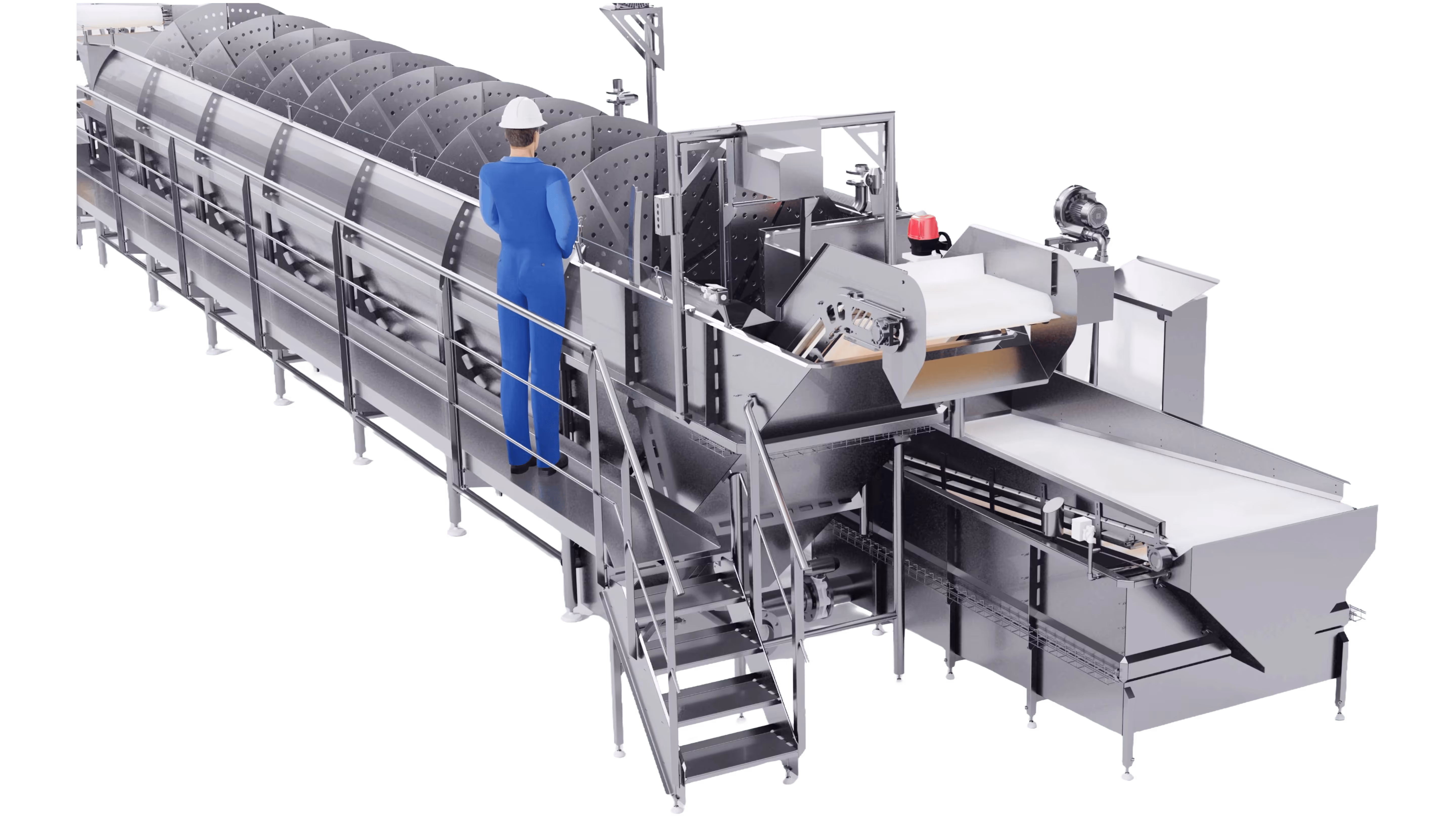 RoteX Thawing™ system with platform access and operator interaction, showing automated, large-scale thawing of frozen products in a hygienic, enclosed environment.