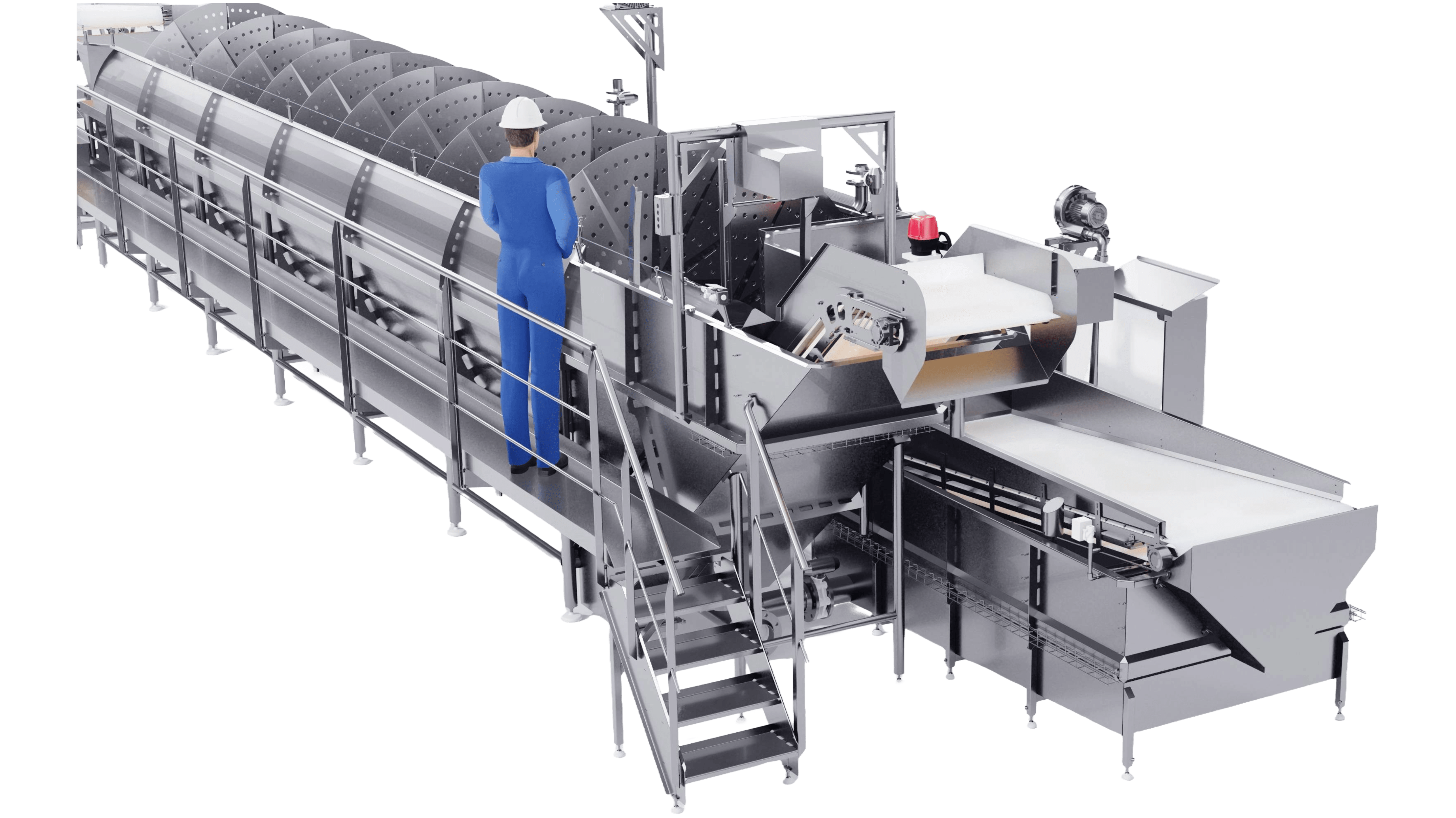 RoteX Thawing™ system with platform access and operator interaction, showing automated, large-scale thawing of frozen products in a hygienic, enclosed environment.