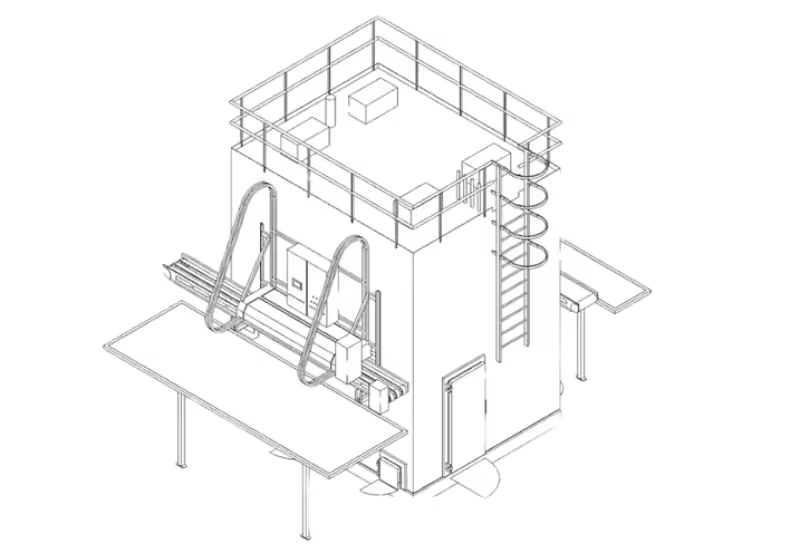 Technical outline of the Non-Pressure Plate Freezer, showing structural layout with aluminum plate configuration and loading area for high-capacity freezing.