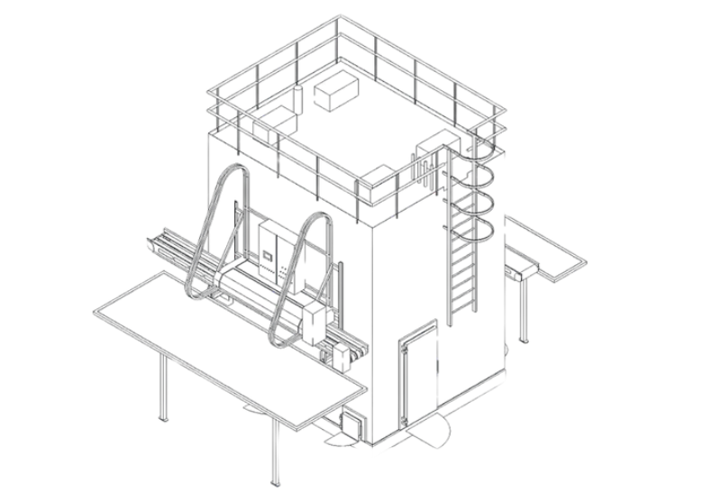 Technical outline of the Non-Pressure Plate Freezer, showing structural layout with aluminum plate configuration and loading area for high-capacity freezing.