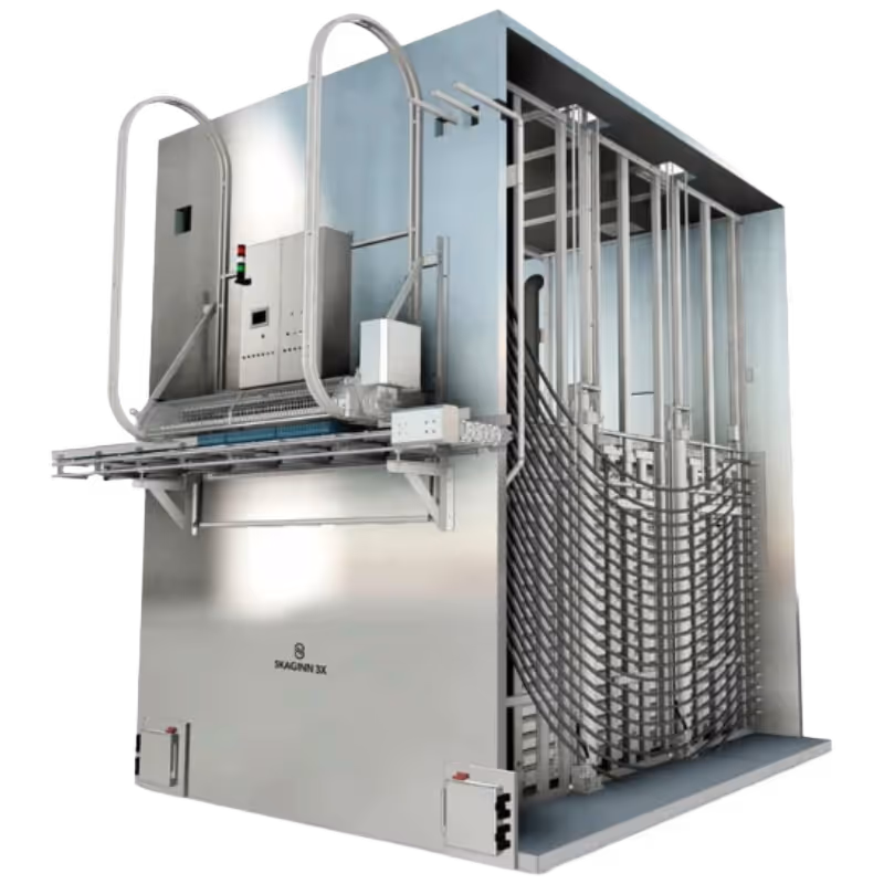 Non-Pressure Plate Freezer using aluminum plates to freeze products without compression, preserving shape and texture while achieving up to 100 tons/day capacity and 40% energy savings over blast freezers.