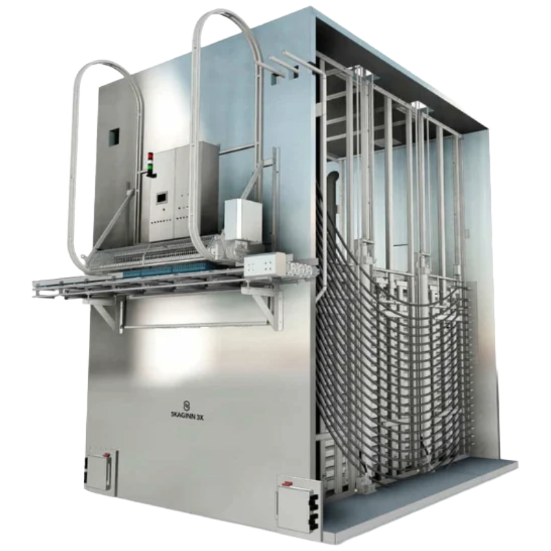 Non-Pressure Plate Freezer using aluminum plates to freeze products without compression, preserving shape and texture while achieving up to 100 tons/day capacity and 40% energy savings over blast freezers.