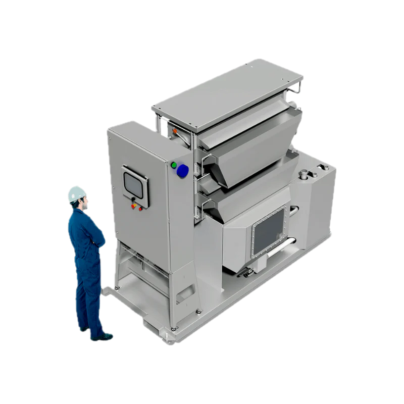 Compact Slurry Ice System with control panel and dual discharge, producing fluid and flake ice at adjustable temperatures (0°C to -15°C), ideal for delicate or salt-sensitive products.