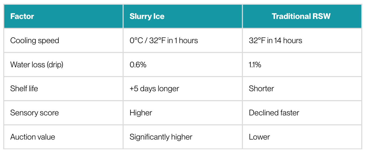 Slurry ice technology delivers faster and more. uniform chilling, reduced drip loss, longer shelf life, and higher product value compared to traditional RSW systems.
