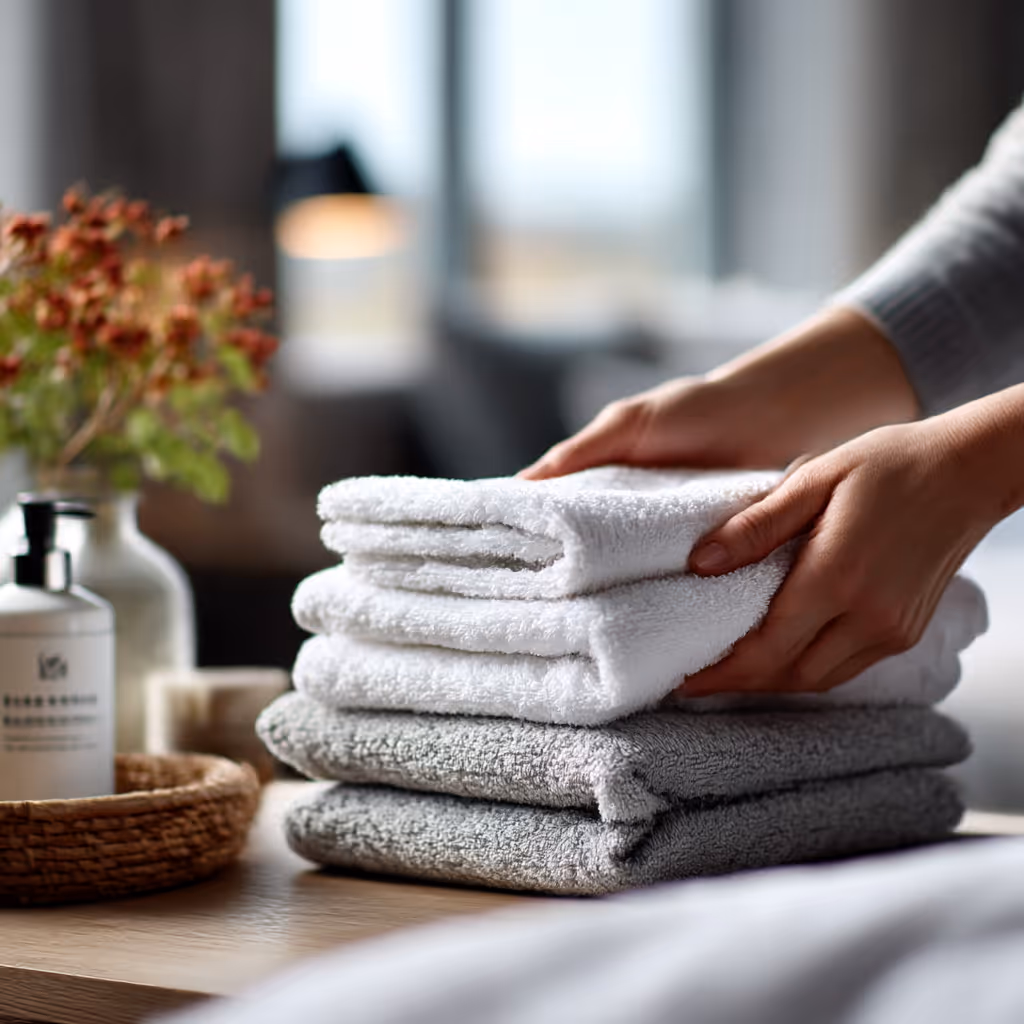Hands shown folding a stack of towels.
