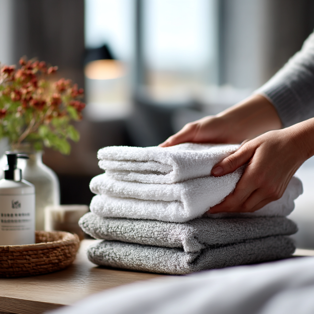 Hands shown folding a stack of towels.