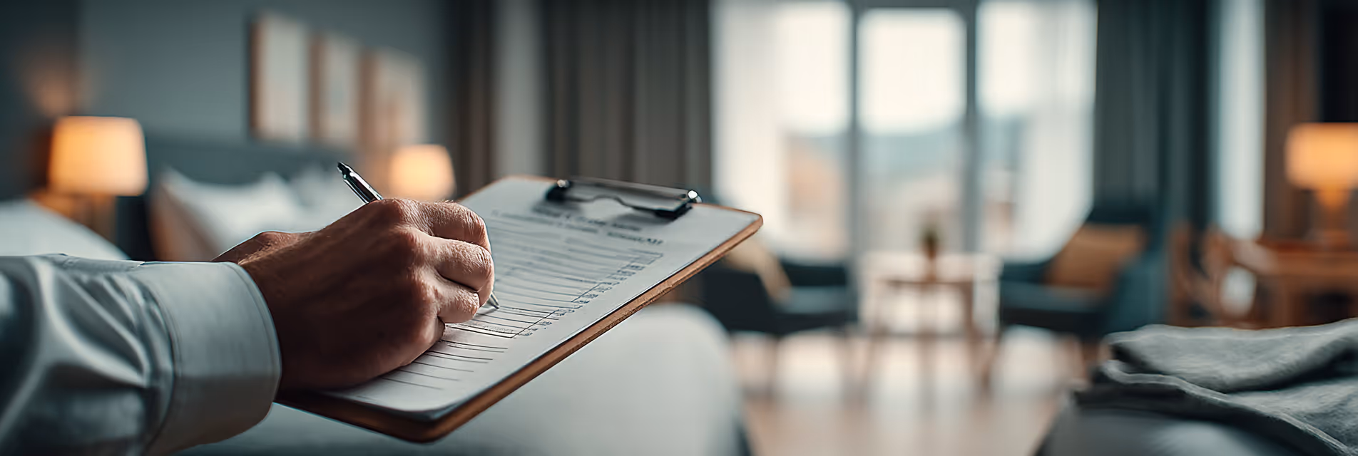 A hand holding a clipboard with a checklist.