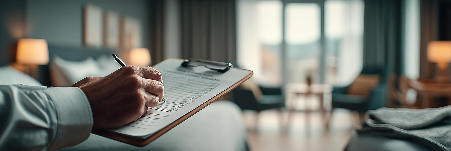 A hand holding a clipboard with a checklist.
