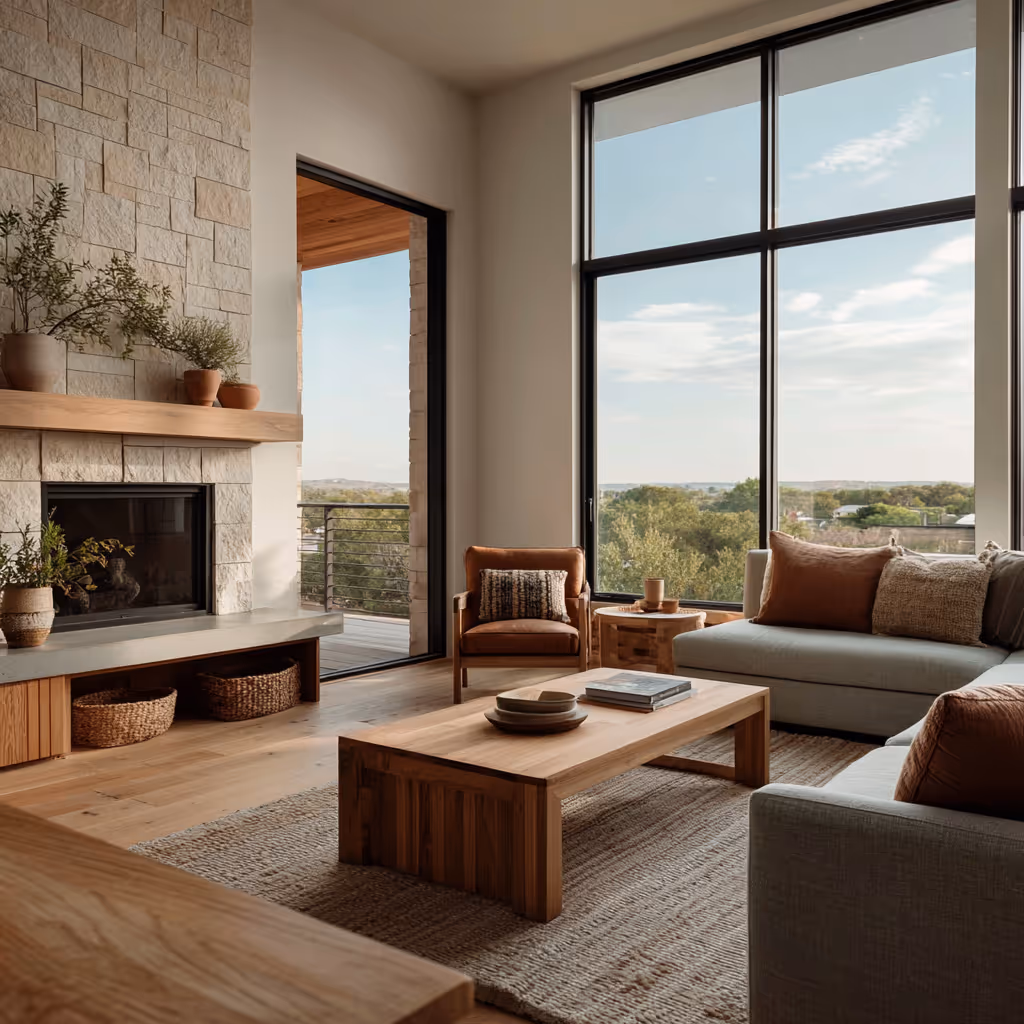 A clean modern living room with a couch and coffee table.