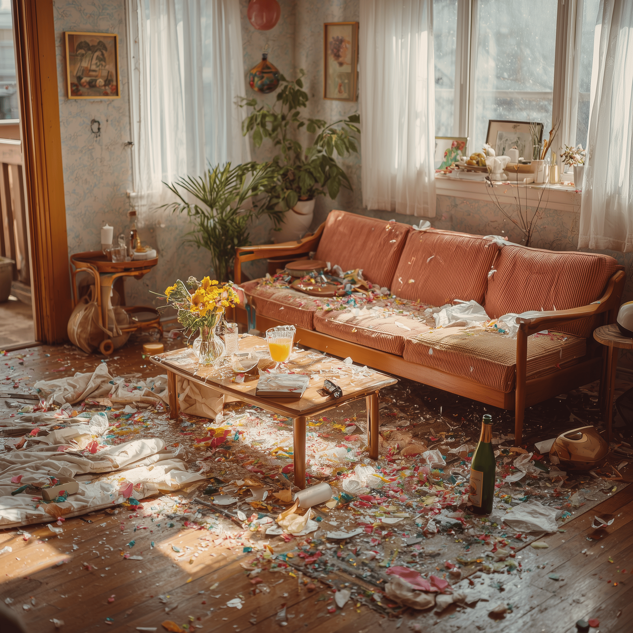 A dirty short term vacation rental unit, the morning after a party