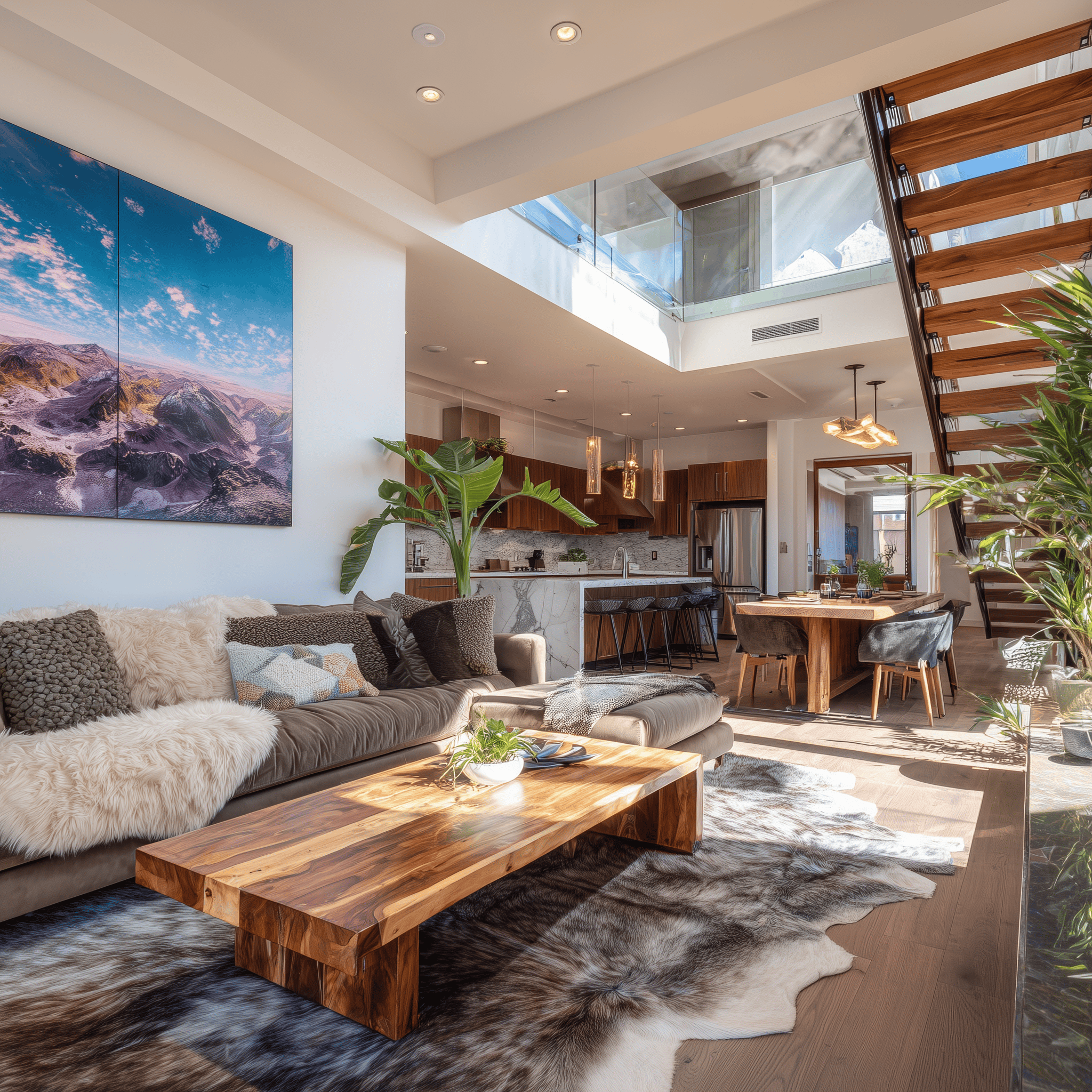 A shot of an upscale living room with bright artwork on the wall showing Mount Fuji