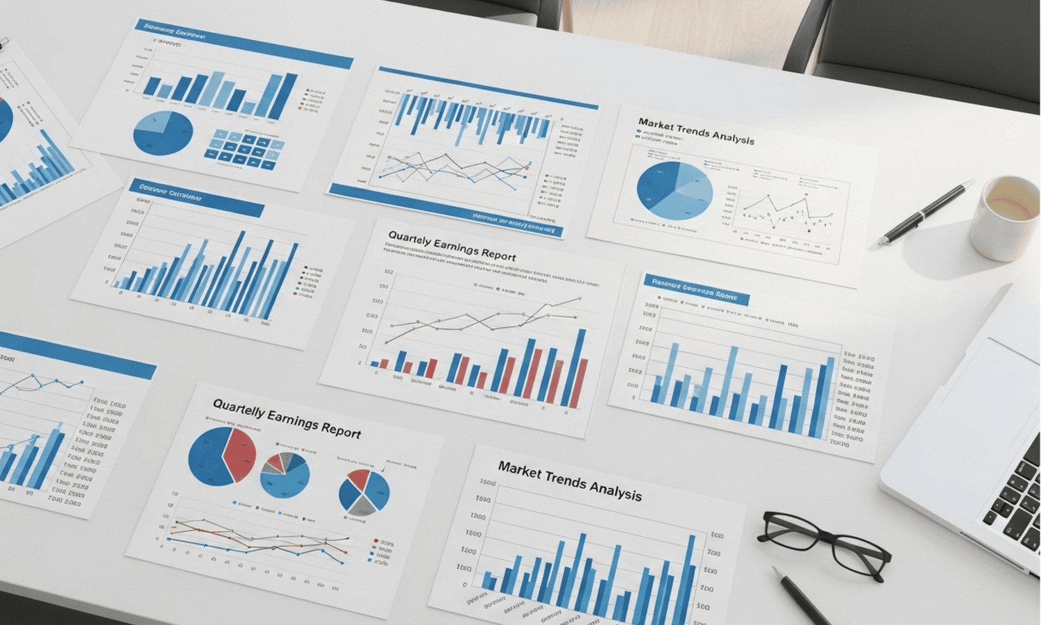 Printed reports showing market trends and earnings