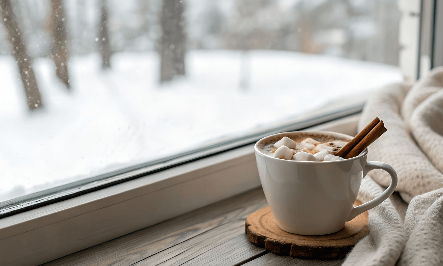 A cozy mug of hot chocolate topped with whipped cream and marshmallows, surrounded by winter accents.