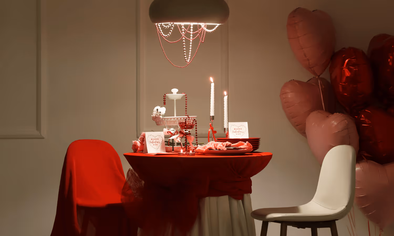 Valentine’s Day candlelit dinner at home with cozy decor
