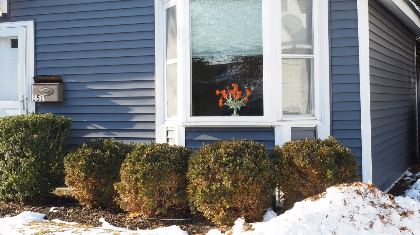 Home exterior after winter cleanup with fresh plants and lawn in Merrimack Valley