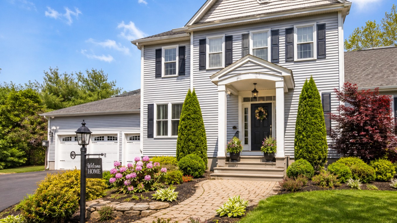Southern New Hampshire home with fresh spring curb appeal, green lawn, and welcoming front entry before the summer selling season.