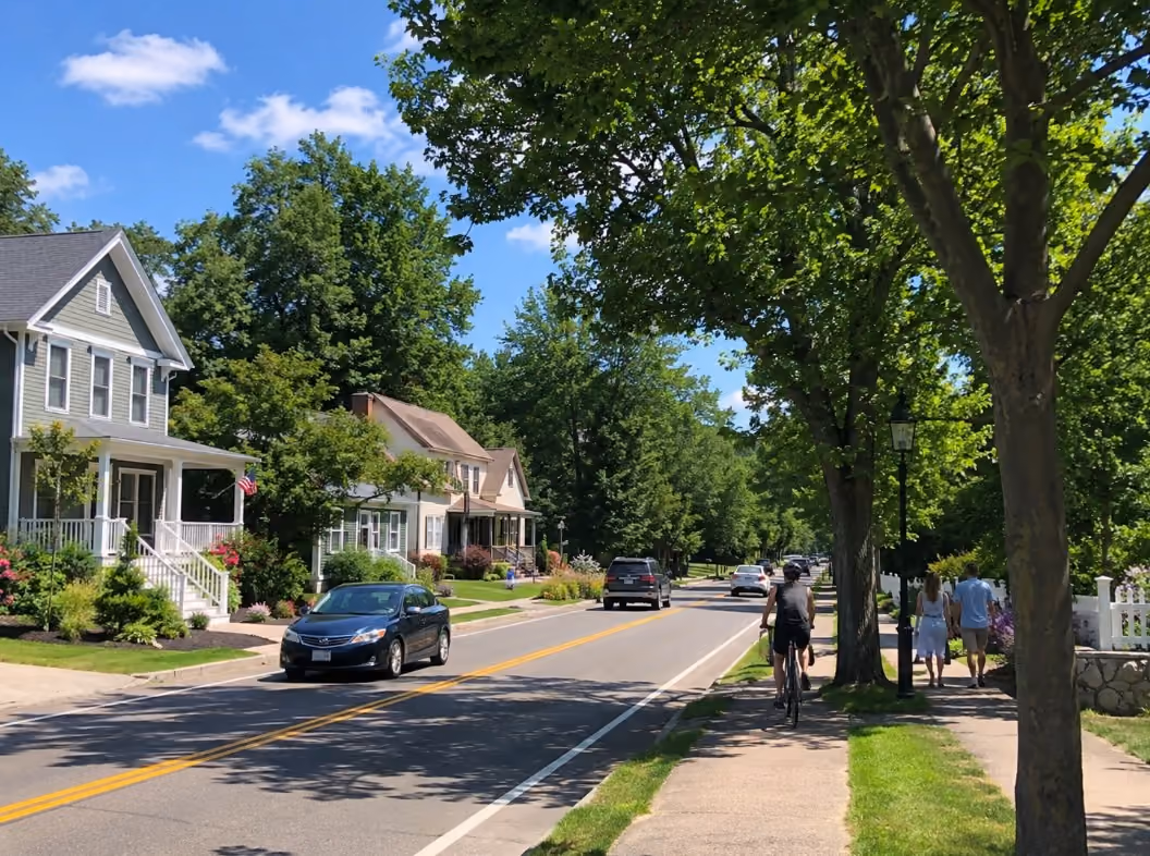 A summer view near Merrimack, New Hampshire, showing a local roadway, trees, and nearby community activity, representing the town’s housing market, commuter access, and seasonal buyer interest.