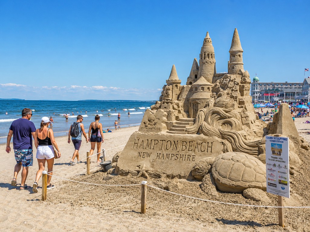 A sunny summer scene at Hampton Beach, New Hampshire, showing detailed sand sculptures, beach visitors walking nearby, and the Atlantic Ocean in the background.