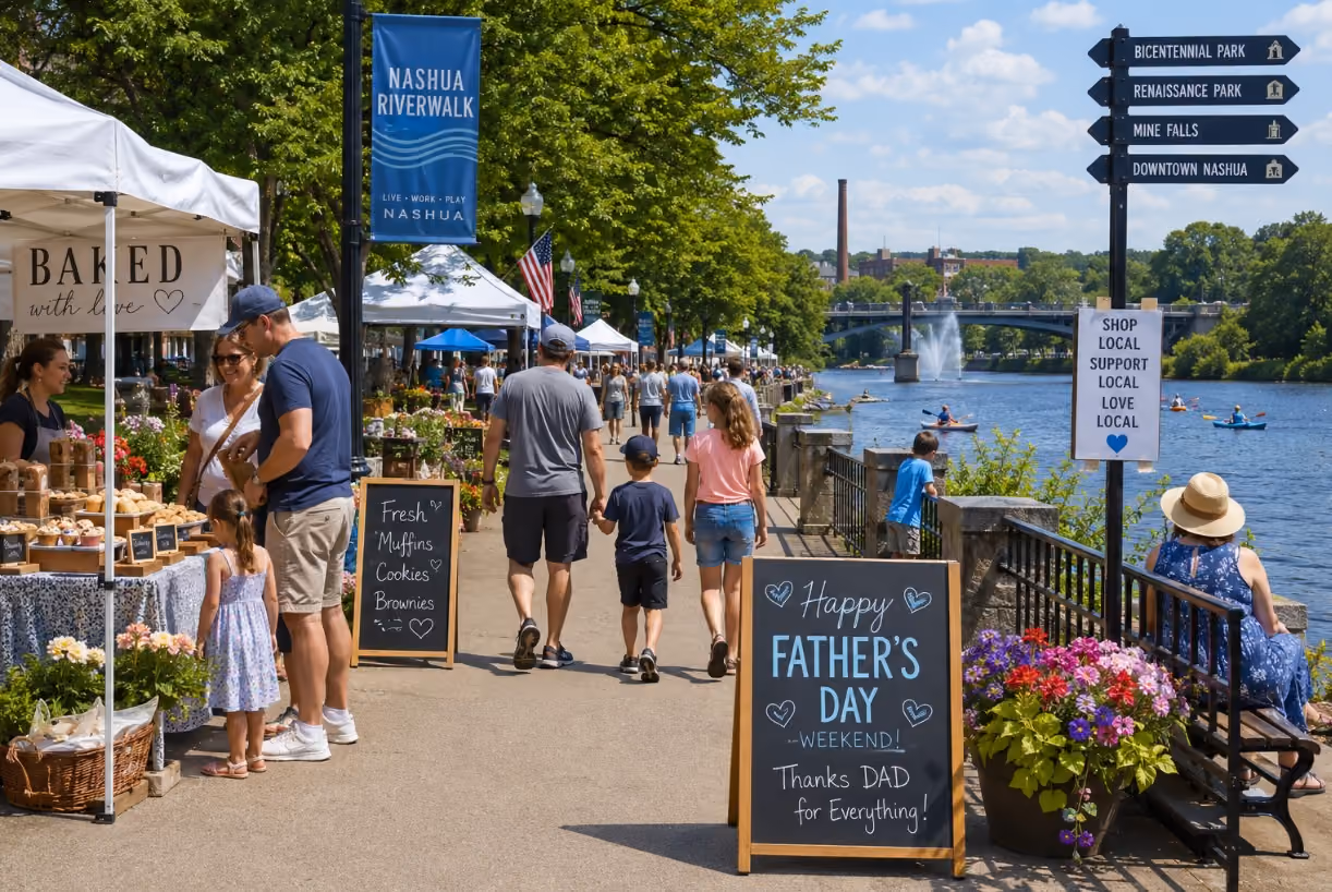 A warm Father’s Day weekend scene at the Nashua Riverwalk near Bicentennial Park and Renaissance Park, with families walking, local vendors, flowers, baked goods, and summer activity along the river.