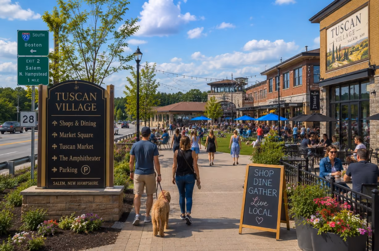 A community scene near Tuscan Village in Salem, New Hampshire, showing walkable shops, outdoor gathering space, and nearby road access, giving buyers a sense of Salem’s local lifestyle beyond the house itself. Tuscan Village is a 170-acre mixed-use project located off I-93 near the Mall at Rockingham Park and Route 28