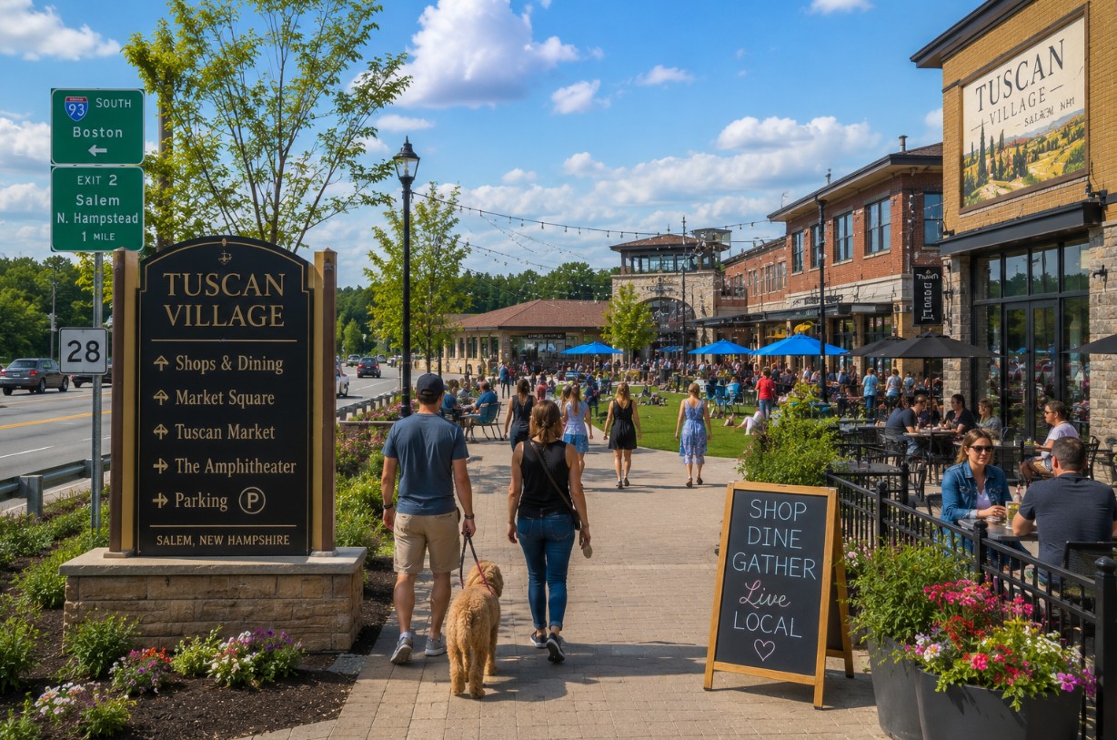 A community scene near Tuscan Village in Salem, New Hampshire, showing walkable shops, outdoor gathering space, and nearby road access, giving buyers a sense of Salem’s local lifestyle beyond the house itself. Tuscan Village is a 170-acre mixed-use project located off I-93 near the Mall at Rockingham Park and Route 28