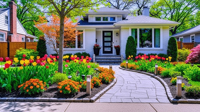 A well-maintained Derry, NH home with fresh summer curb appeal, a clean front walkway, trimmed landscaping, and a welcoming entryway before listing.