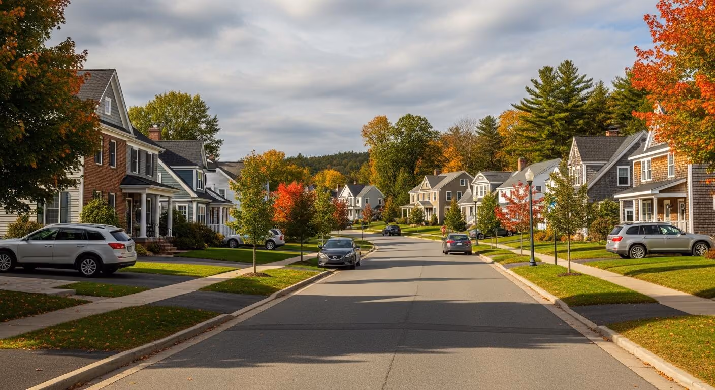 A summer neighborhood scene in Merrimack, NH with tree-lined streets, nearby open space, and a calm suburban setting that reflects the town’s mix of residential comfort and Southern New Hampshire access.